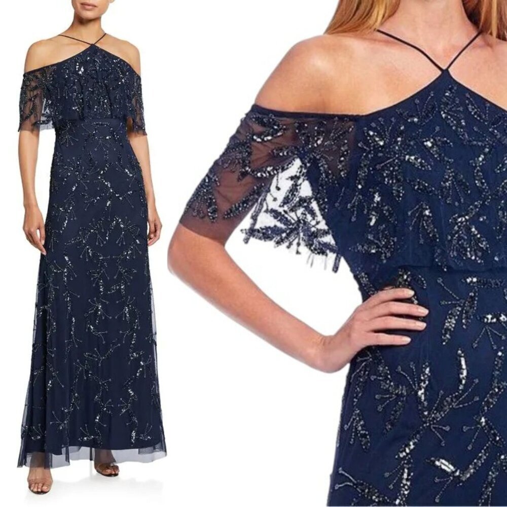 New! Aidan Mattox Twilight Fully Beaded Cold-Shoulder Halter Gown 26754